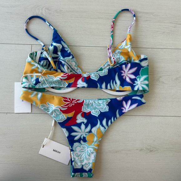 NWT Mikoh Bikini Set-Blue Tropical Print, L Top, M Bottom - Picture 2 of 9